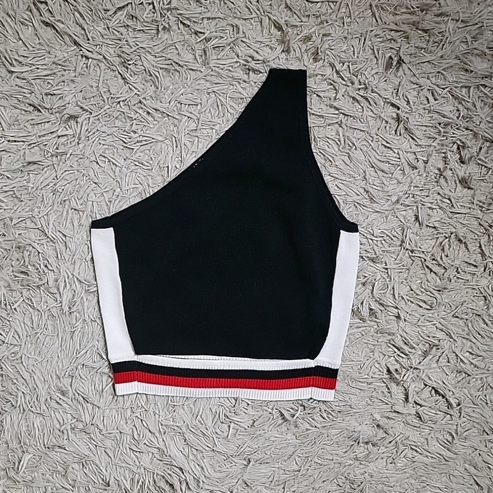 Brooklyn Karma Knit Crop Top One Shoulder Cut Out Size Large L Black White Red